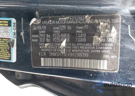 2009 Hyundai Santa Fe Se z USA, uszkodzony, nr VIN 5NMSH73EX9H298099